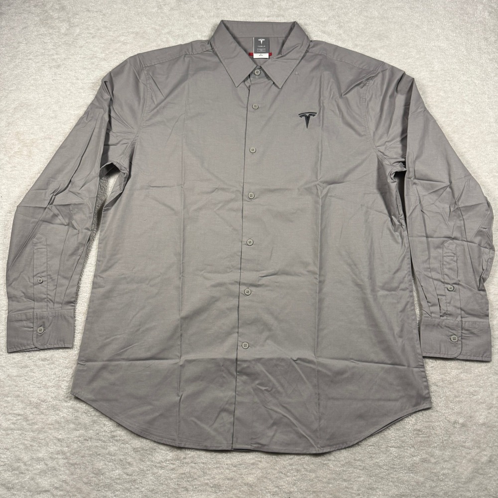 Tesla Mens Grey Long Sleeve Button‎ Down Shirt Logo Tech Corporate XL TSL2982